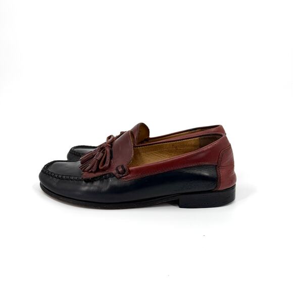 Vintage 90s Florsheim Black Brown Genuine Leather Tassel Kiltie Loafers